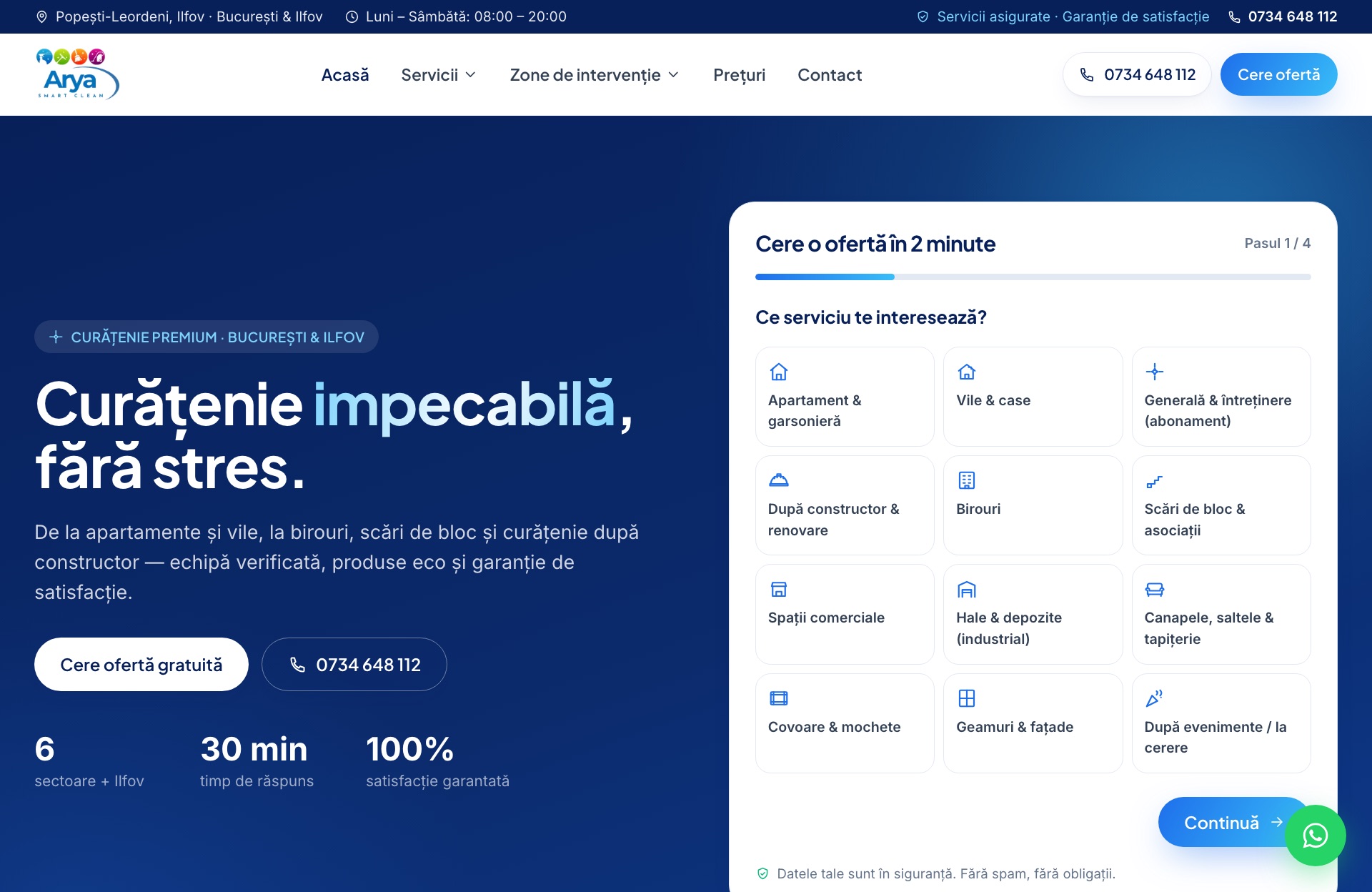 Site-ul Arya Smart Clean — curățenie premium
