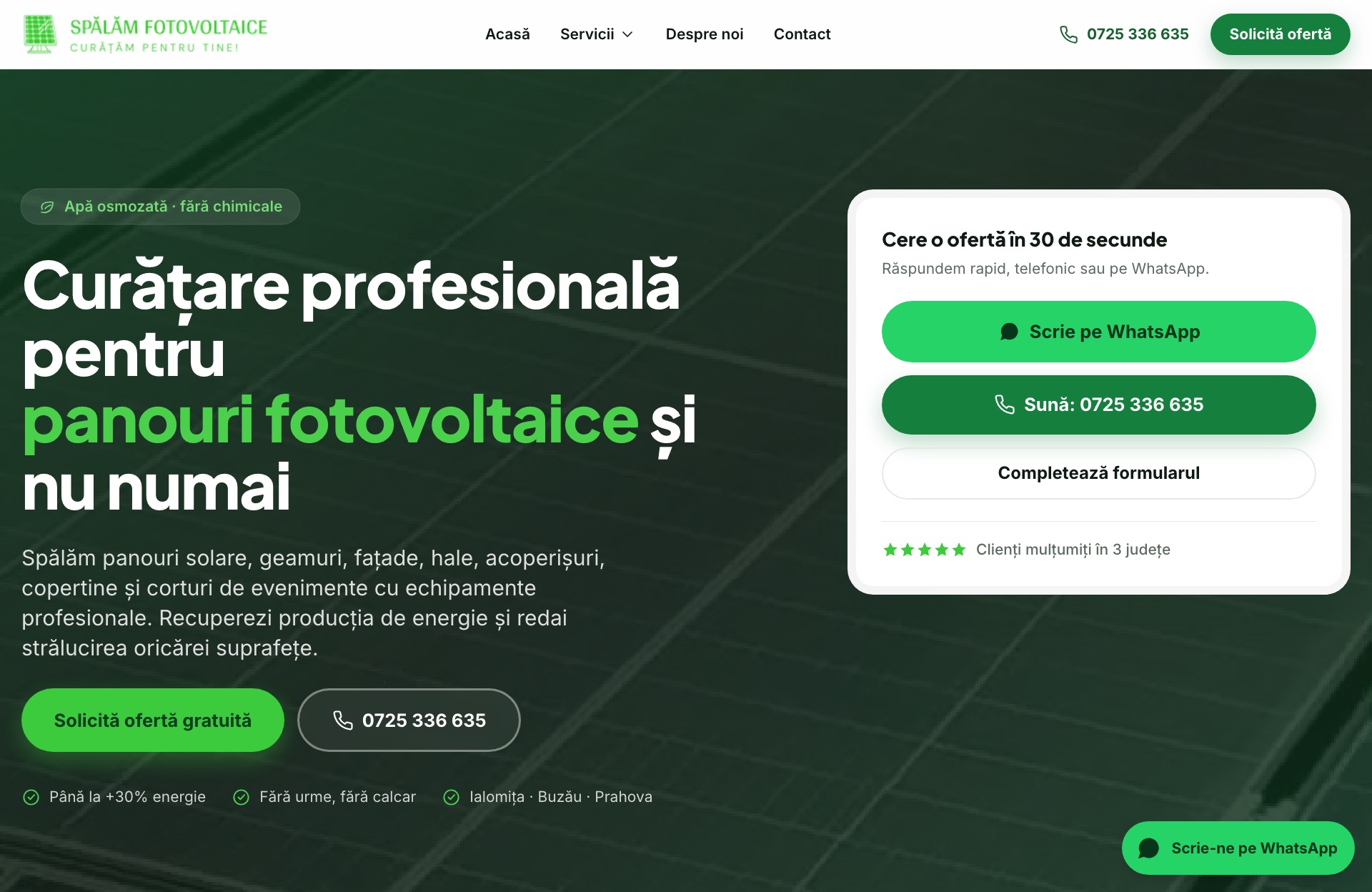 Site-ul Spălăm Fotovoltaice — curățare panouri solare